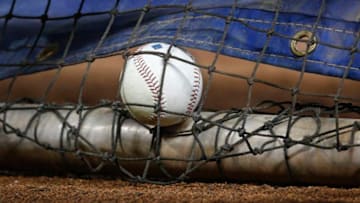 A baseball lays in the batting cage before the Chicago White Sox game against the Toronto Blue Jays. (Photo by Tom Szczerbowski/Getty Images)