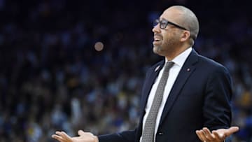 OAKLAND, CA - MARCH 26: Head coach David Fizdale of the Memphis Grizzlies reacts to the referee's call on the floor against the Golden State Warriors during an NBA basketball game at ORACLE Arena on March 26, 2017 in Oakland, California. NOTE TO USER: User expressly acknowledges and agrees that, by downloading and or using this photograph, User is consenting to the terms and conditions of the Getty Images License Agreement. (Photo by Thearon W. Henderson/Getty Images)