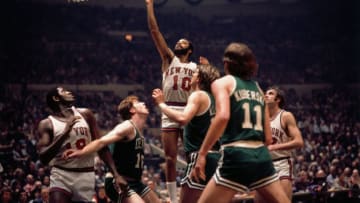 NEW YORK - 1973: Walt Frazier #10 of the New York Knicks shoots a layup against the Boston Celtics during the Eastern Conference Finals played in 1973 at Madison Square Garden in New York, New York. Copyright 1973 NBAE (Photo by Dick Raphael/NBAE via Getty Images)