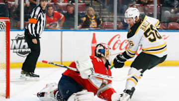 SUNRISE, FL - OCTOBER 27: Goaltender Sergei Bobrovsky #72 of the Florida Panthers stops a shot by Erik Haula #56 of the Boston Bruins at the FLA Live Arena on October 27, 2021 in Sunrise, Florida. (Photo by Joel Auerbach/Getty Images)