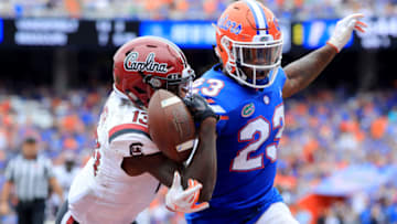 GAINESVILLE, FLORIDA - NOVEMBER 10: Chauncey Gardner-Johnson #23 of the Florida Gators attempts to break up a pass intended for Shi Smith #13 of the South Carolina Gamecocks during the game at Ben Hill Griffin Stadium on November 10, 2018 in Gainesville, Florida. (Photo by Sam Greenwood/Getty Images)