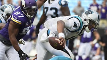 Sep 25, 2016; Charlotte, NC, USA; Carolina Panthers quarterback Cam Newton (1) is sacked by Minnesota Vikings defensive end Everson Griffen (97) in the fourth quarter. The Vikings defeated the Panthers 22-10 at Bank of America Stadium. Mandatory Credit: Bob Donnan-USA TODAY Sports