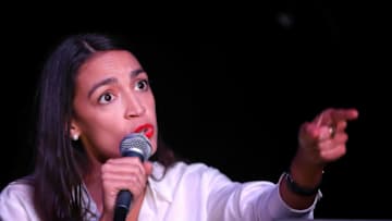 NEW YORK, NY - NOVEMBER 06: Alexandria Ocasio-Cortez addresses the crowd gathered at La Boom night club in Queens on November 6, 2018 in New York City. With her win against Republican Anthony Pappas, Ocasio-Cortez became the youngest woman elected to Congress. (Photo by Rick Loomis/Getty Images)