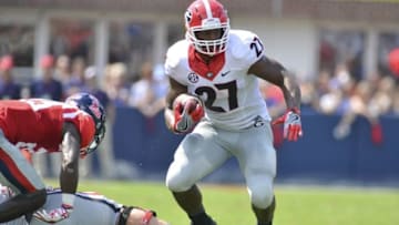 Sep 24, 2016; Oxford, MS, USA; Georgia Bulldogs running back Nick Chubb (27) runs the ball during the second quarter of the game against the Mississippi Rebels at Vaught-Hemingway Stadium. Mandatory Credit: Matt Bush-USA TODAY Sports
