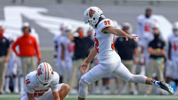 Oct 24, 2020; West Point, New York, USA; Mercer Bears kicker Caleb Dowden (92) misses his second field goal attempt against the Army Black Knights during the second half at Michie Stadium. Mandatory Credit: Danny Wild-USA TODAY Sports