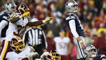 LANDOVER, MD - OCTOBER 21: Kicker Brett Maher #2 of the Dallas Cowboys reacts after missing a field goal at the end of the fourth quarter against the Washington Redskins at FedExField on October 21, 2018 in Landover, Maryland. (Photo by Patrick McDermott/Getty Images)