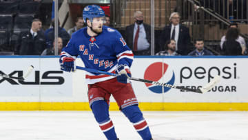 Feb 24, 2022; New York, New York, USA; New York Rangers left wing Alexis Lafreniere (13) skates during the third period against the Washington Capitals at Madison Square Garden. Mandatory Credit: Vincent Carchietta-USA TODAY Sports
