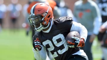 May 18, 2016; Berea, OH, USA; Cleveland Browns running back Duke Johnson Jr, (29) runs with the ball during official training activities at the Cleveland Browns training facility. Mandatory Credit: Ken Blaze-USA TODAY Sports