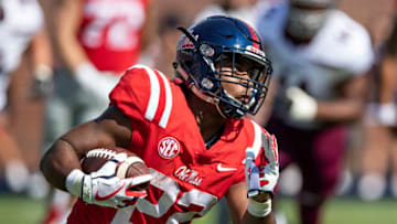 OXFORD, MS - SEPTEMBER 8: Scottie Phillips #22 of the Mississippi Rebels runs the ball against the Southern Illinois Salukis during the first half at Vaught-Hemingway Stadium on September 8, 2018 in Oxford, Mississippi. (Photo by Wesley Hitt/Getty Images)