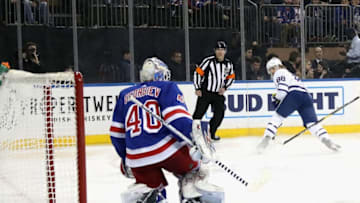 NEW YORK, NEW YORK - DECEMBER 20: William Nylander #88 of the Toronto Maple Leafs scores his second goal of the game against Alexandar Georgiev #40 of the New York Rangers at 2:10 of the third period at Madison Square Garden on December 20, 2019 in New York City. The Maple Leafs defeated the Rangers 6-3. (Photo by Bruce Bennett/Getty Images)