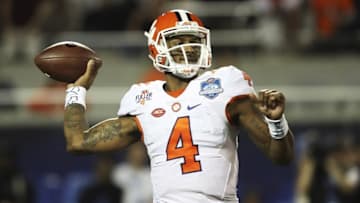 Dec 3, 2016; Orlando, FL, USA; Clemson Tigers quarterback Deshaun Watson (4) throws the ball in the second half against the Virginia Tech Hokies during the ACC Championship college football game at Camping World Stadium. Clemson Tigers won 42-35. Mandatory Credit: Logan Bowles-USA TODAY Sports