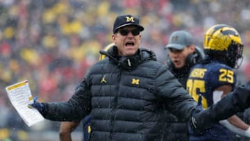 Michigan head coach Jim Harbaugh celebrates a touchdown against Ohio State during the first half at Michigan Stadium in Ann Arbor on Saturday, Nov. 27, 2021.