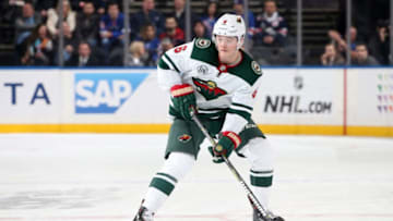 NEW YORK, NY - FEBRUARY 21: Ryan Donato #6 of the Minnesota Wild skates with the puck against the New York Rangers at Madison Square Garden on February 21, 2019 in New York City. (Photo by Jared Silber/NHLI via Getty Images)