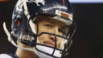 Nov 2, 2014; Foxborough, MA, USA; Denver Broncos quarterback Peyton Manning (18) leaves the field after failing to convert on a fourth down against the New England Patriots during the fourth quarter of New England