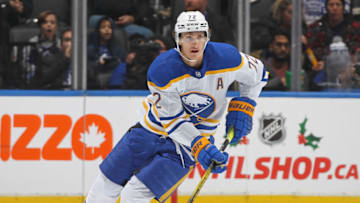 TORONTO, CANADA - NOVEMBER 19: Tage Thompson #72 of the Buffalo Sabres skates with the puck against the Toronto Maple Leafs during an NHL game at Scotiabank Arena on November 19, 2022 in Toronto, Ontario, Canada. The Maple Leafs defeated the Sabres 5-2. (Photo by Claus Andersen/Getty Images)