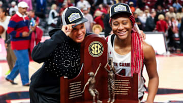 South Carolina basketball's Aliyah Boston and Dawn Staley. Mandatory Credit: Jeff Blake-USA TODAY Sports