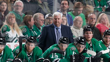 DALLAS, TX - JANUARY 25: Ken Hitchcock, head coach of the Dallas Stars watches the action from the bench against the Toronto Maple Leafs at the American Airlines Center on January 25, 2018 in Dallas, Texas. (Photo by Glenn James/NHLI via Getty Images)