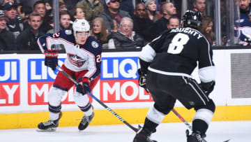 LOS ANGELES, CA - MARCH 1: Sonny Milano #22 of the Columbus Blue Jackets handles the puck during a game against the Los Angeles Kings at STAPLES Center on March 1, 2018 in Los Angeles, California. (Photo by Juan Ocampo/NHLI via Getty Images)