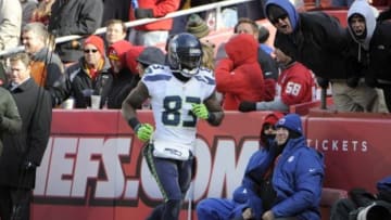 Nov 16, 2014; Kansas City, MO, USA; Seattle Seahawks wide receiver Ricardo Lockette (83) leaves the field after being ejected in the second half against the Kansas City Chiefs at Arrowhead Stadium. Kansas City won the game 24-20. Mandatory Credit: John Rieger-USA TODAY Sports