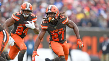 CLEVELAND, OHIO - NOVEMBER 10: Running back Kareem Hunt #27 blocks for running back Nick Chubb #24 of the Cleveland Browns during the first half against the Buffalo Bills at FirstEnergy Stadium on November 10, 2019 in Cleveland, Ohio. (Photo by Jason Miller/Getty Images)