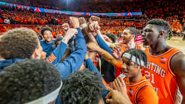 Feb 11, 2020; Champaign, Illinois, USA; The Illinois Fighting Illini huddle prior to a game against the Michigan State Spartans at State Farm Center. Mandatory Credit: Patrick Gorski-USA TODAY Sports
