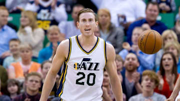 Mar 12, 2015; Salt Lake City, UT, USA; Utah Jazz forward Gordon Hayward (20) reacts during the first half against the Houston Rockets at EnergySolutions Arena. Mandatory Credit: Russ Isabella-USA TODAY Sports