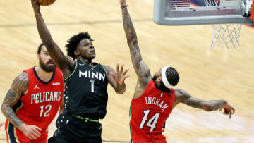 Anthony Edwards #1 of the Minnesota Timberwolves shoots over Brandon Ingram #14 of the New Orleans Pelicans (Photo by Sean Gardner/Getty Images)