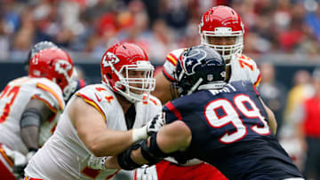 HOUSTON, TX - SEPTEMBER 18: J.J. Watt #99 of the Houston Texans is double teamed by Mitchell Schwartz #71 of the Kansas City Chiefs and Jah Reid #75 at NRG Stadium on September 18, 2016 in Houston, Texas. (Photo by Bob Levey/Getty Images)