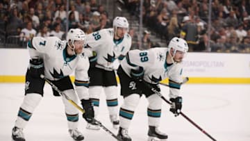 LAS VEGAS, NV - APRIL 26: Paul Martin #7, Logan Couture #39 and Mikkel Boedker #89 of the San Jose Sharks await a face-off against the Vegas Golden Knights in Game One of the Western Conference Second Round during the 2018 NHL Stanley Cup Playoffs at T-Mobile Arena on April 26, 2018 in Las Vegas, Nevada. The Golden Knights defeated the Sharks 7-0. (Photo by Christian Petersen/Getty Images)