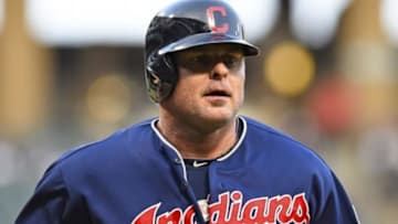 May 28, 2014; Chicago, IL, USA; Cleveland Indians designated hitter Jason Giambi (25) reacts after hitting a solo home run against Chicago White Sox starting pitcher Hector Noesi (not pictured) during the second inning at U.S Cellular Field. Mandatory Credit: Mike DiNovo-USA TODAY Sports