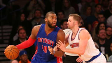Jan 2, 2015; New York, NY, USA; Detroit Pistons forward Greg Monroe (10) drives on New York Knicks forward Travis Wear (6) during the fourth quarter at Madison Square Garden. Detroit Pistons won 97-81. Mandatory Credit: Anthony Gruppuso-USA TODAY Sports
