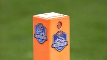 CHARLOTTE, NC - DECEMBER 02: A view of the endzone pylon at the ACC Football Championship at Bank of America Stadium on December 2, 2017 in Charlotte, North Carolina. (Photo by Streeter Lecka/Getty Images)