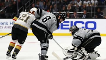 LOS ANGELES, CALIFORNIA - APRIL 06: Drew Doughty #8 of the Los Angeles Kings defends the puck against Cody Eakin #21 of the Vegas Golden Knights during the third period at Staples Center on April 06, 2019 in Los Angeles, California. (Photo by Yong Teck Lim/Getty Images)