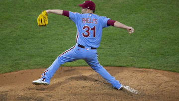 PHILADELPHIA, PA - SEPTEMBER 03: David Phelps #31 of the Philadelphia Phillies throws a pitch against the Washington Nationals at Citizens Bank Park on September 3, 2020 in Philadelphia, Pennsylvania. The Phillies defeated the Nationals 6-5 in extra innings. (Photo by Mitchell Leff/Getty Images)