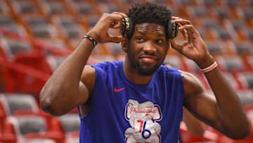 MIAMI, FL - APRIL 21: Joel Embiid #21 of the Philadelphia 76ers getting stretched before the game against the Miami Heat at American Airlines Arena on April 21, 2018 in Miami, Florida. NOTE TO USER: User expressly acknowledges and agrees that, by downloading and or using this photograph, User is consenting to the terms and conditions of the Getty Images License Agreement. (Photo by Mark Brown/Getty Images)