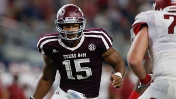 Sep 24, 2016; Dallas, TX, USA; Texas A&M Aggies defensive lineman Myles Garrett (15) in game action against the Arkansas Razorbacks at AT&T Stadium. Texas A&M won 45-24. Mandatory Credit: Tim Heitman-USA TODAY Sports
