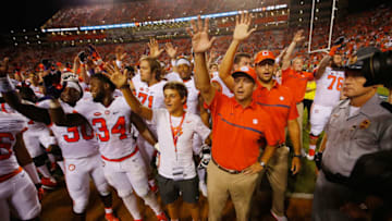 AUBURN, AL - SEPTEMBER 03: Head coach Dabo Swinney of the Clemson Tigers (R) celebrates after defeating the Auburn Tigers 19-13 at Jordan Hare Stadium on September 3, 2016 in Auburn, Alabama. (Photo by Kevin C. Cox/Getty Images)