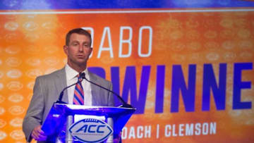 Jul 22, 2016; Charlotte, NC, USA; Clemson Tigers head coach Dabo Swinney speaks with the media during the ACC Football Kickoff at Westin Charlotte. Mandatory Credit: Jeremy Brevard-USA TODAY Sports