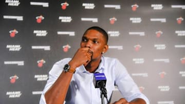 Sep 24, 2015; Miami, FL, USA; Miami Heat center Chris Bosh address members of the media during a press conference at the American Airlines Arena. Mandatory Credit: Steve Mitchell-USA TODAY Sports