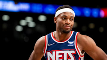 NEW YORK, NEW YORK - NOVEMBER 30: Bruce Brown #1 of the Brooklyn Nets reacts during the game against the New York Knicks (Photo by Michelle Farsi/Getty Images)