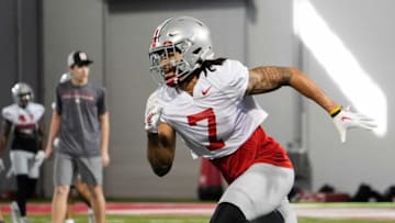 Mar 9, 2023; Columbus, Ohio, USA; Ohio State Buckeyes cornerback Jordan Hancock (7) runs during spring football practice at the Woody Hayes Athletic Center. Mandatory Credit: Adam Cairns-The Columbus DispatchFootball Buckeyes Spring Football