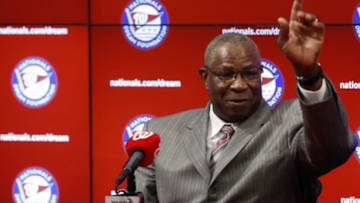 Nov 5, 2015; Washington, DC, USA; Washington Nationals manager Dusty Baker waves at a press conference introducing Baker as the new Nationals manager at Nationals Park. Mandatory Credit: Geoff Burke-USA TODAY Sports