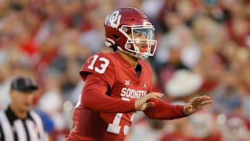 Oklahoma's Caleb Williams (13) lines up for a play during a college football game between the University of Oklahoma Sooners (OU) and the TCU Horned Frogs at Gaylord Family-Oklahoma Memorial Stadium in Norman, Okla., Saturday, Oct. 16, 2021. Oklahoma won 52-31.Ou Vs Tcu