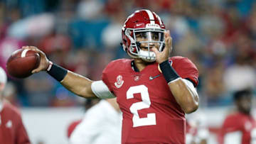 MIAMI, FL - DECEMBER 29: Jalen Hurts #2 of the Alabama Crimson Tide warms up prior to the game against the Oklahoma Sooners during the College Football Playoff Semifinal at the Capital One Orange Bowl at Hard Rock Stadium on December 29, 2018 in Miami, Florida. (Photo by Michael Reaves/Getty Images)