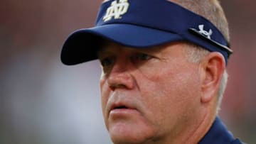 ATHENS, GEORGIA - SEPTEMBER 21: Head coach Brian Kelly looks on during warmups prior to playing the Georgia Bulldogs at Sanford Stadium on September 21, 2019 in Athens, Georgia. (Photo by Kevin C. Cox/Getty Images)