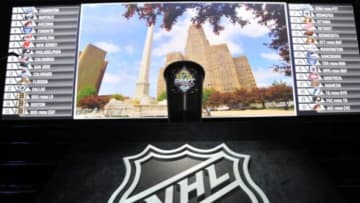 Jun 26, 2015; Sunrise, FL, USA; A general view of the podium on stage before the first round of the 2015 NHL Draft at BB&T Center. Mandatory Credit: Steve Mitchell-USA TODAY Sports