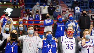 Dec 22, 2020; Lawrence, Kansas, USA; Kansas Jayhawks fans sit amongst the cardboard cutouts before the game against the West Virginia Mountaineers at Allen Fieldhouse. Mandatory Credit: Denny Medley-USA TODAY Sports