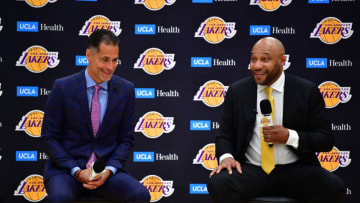 Jun 6, 2022; El Segundo, CA, USA; Los Angeles Lakers head coach Darvin Ham speaks after being introduced by general manager Rob Pelinka at UCLA Health Training Center Mandatory Credit: Gary A. Vasquez-USA TODAY Sports