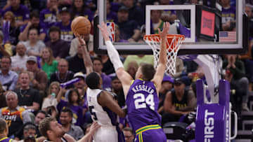 Oct 25, 2023; Salt Lake City, Utah, USA; Utah Jazz center Walker Kessler (24) tries to block the shot of Sacramento Kings guard De'Aaron Fox (5) during the second half at Delta Center. Mandatory Credit: Chris Nicoll-USA TODAY Sports