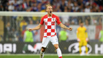 MOSCOW, RUSSIA - JULY 15: Domagoj Vida of Croatia celebrates his side's first goal, scored by team mate Ivan Perisic (not pictured) during the 2018 FIFA World Cup Final between France and Croatia at Luzhniki Stadium on July 15, 2018 in Moscow, Russia. (Photo by Matthias Hangst/Getty Images)